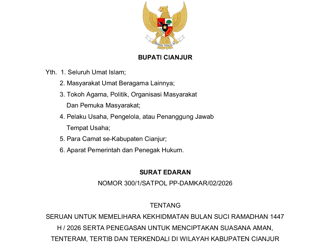 Bupati Cianjur Terbitkan SE Ramadhan 1447 H, Larangan Buka Tempat Makan Siang Hari Hingga Penjualan Petasan