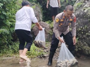 Kapolsek Pagelaran Tebar Benih Ikan di Sungai Citajur, Perkuat Ketahanan Pangan dan Jaga Ekosistem