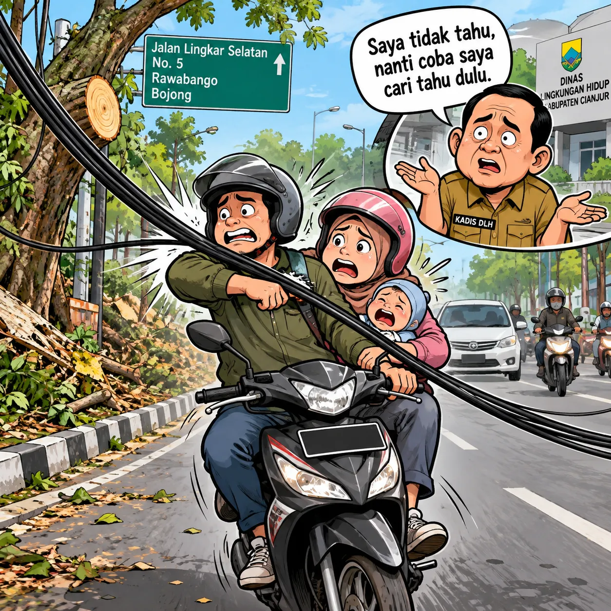 Kabel Menjuntai Usai Penebangan Pohon, Pengendara Terjerat; Kadis DLH: Saya Tidak Tahu