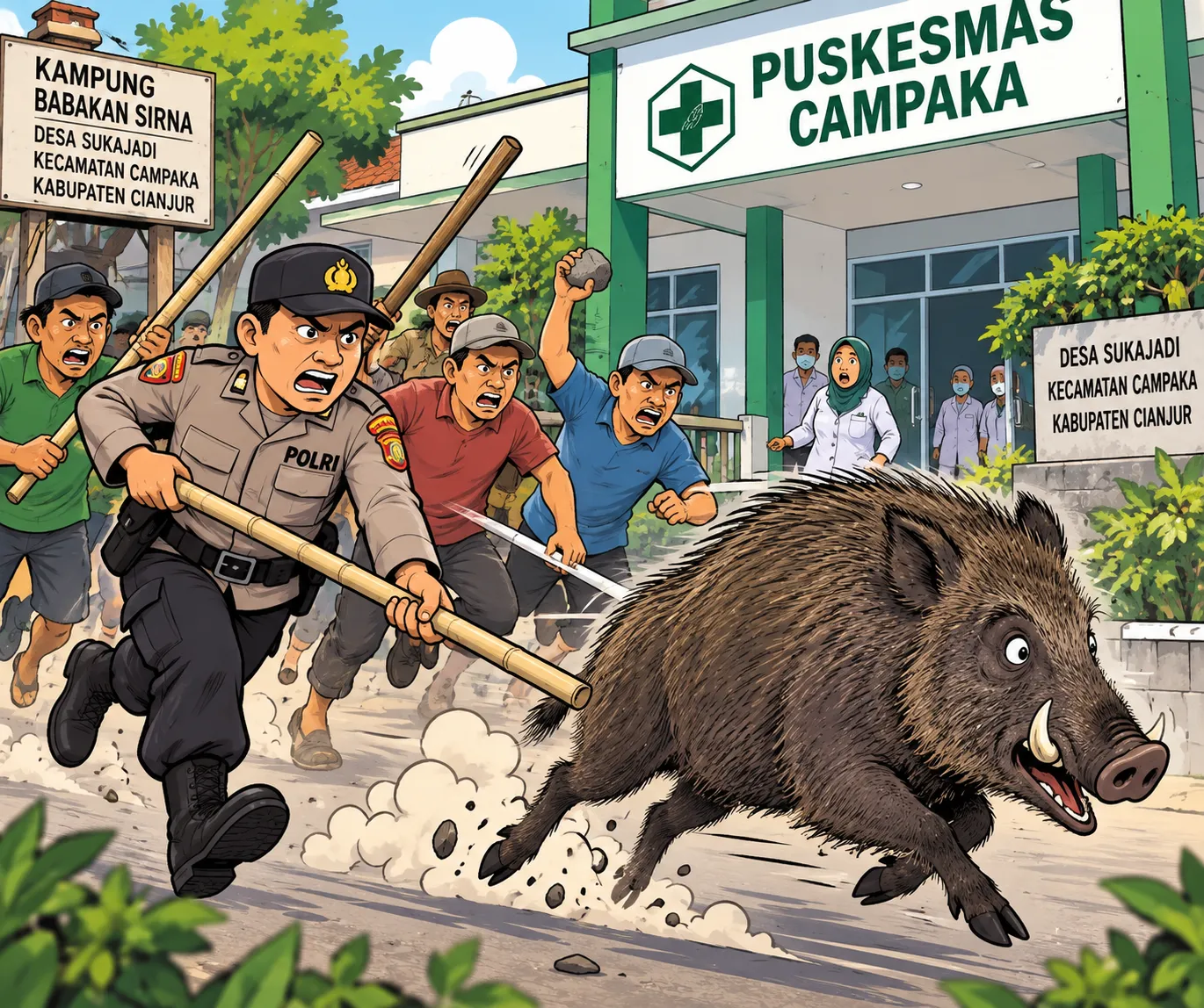 Bagong Mengamuk Masuk Puskesmas Campaka, Warga Tangkap Hidup-hidup